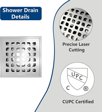 Neodrain 4" Brushed Square Shower Drain with Removable Grate & Drain Key | 304 Stainless Steel Floor Drain , PVC Bonding Flange Base with Anti-Wicking Fabric, for Low Profile Shower Pan