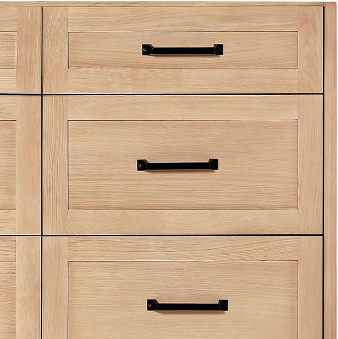 ARIEL Monroe 66-inch Bathroom Vanity with Sink,Solid Wood, 1.5-inch Carrara White Quartz Countertop & Backsplash, Double Oval Porcelain Sink, 9 Dovetail Drawers, Matte Black, White Oak