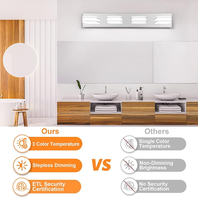 GOODATE 3 Color Temperature Dimmable Vanity Lights for Bathroom, LED Chrome 4 Light Vanity Lighting Fixtures, Acrylic Stainless Steel Oval Shade Bathroom Light Fixtures Over Mirror, ETL Certificated