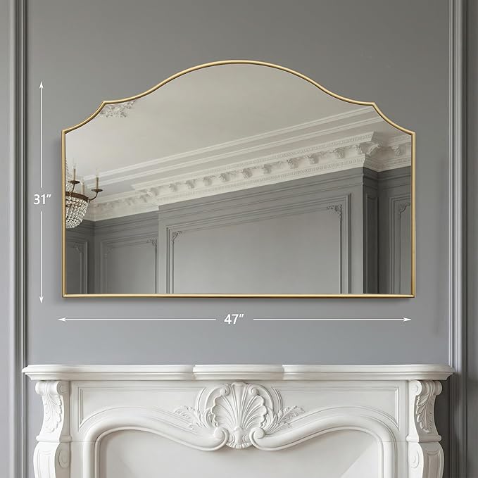 Besdomus Gold Scalloped Wall Mirror: 47"x31" Large Wooden Fireplace Mirror | Modern Minimalist Decorative Arched Mirror for Vanity/Dresser/Bedroom/Entryway/Bathroom/Living Room/Dining Room/Over Sink