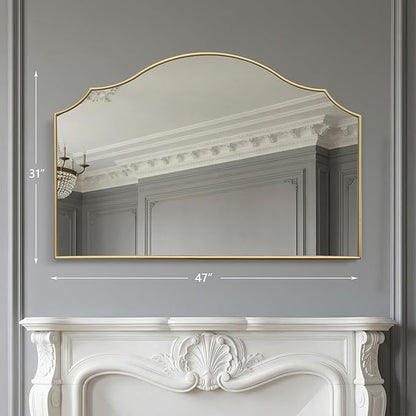 Besdomus Gold Scalloped Wall Mirror: 47"x31" Large Wooden Fireplace Mirror | Modern Minimalist Decorative Arched Mirror for Vanity/Dresser/Bedroom/Entryway/Bathroom/Living Room/Dining Room/Over Sink