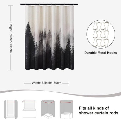 ORTIGIA Black and White Misty Forest Linen Shower Curtain Dark Nature Mountain Tree Woodland Shower Curtain Set for Bathroom Heavy Blend Fabric Curtains with 12 Metal Hooks 72x78 Inch