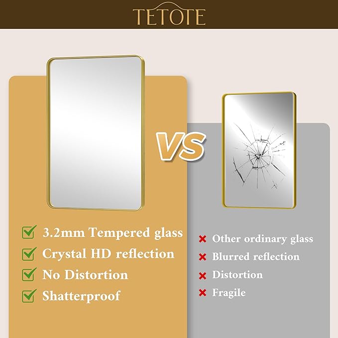TETOTE Gold Mirror 48 x 24 Brushed Gold Metal Framed Bathroom Mirror, Tempered Glass, Modern Farmhouse Wall Mounted Mirror for Decorative(Horizontal/Vertical)