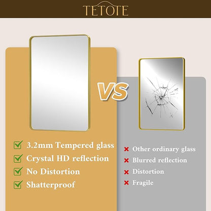 TETOTE Gold Mirror 48 x 24 Brushed Gold Metal Framed Bathroom Mirror, Tempered Glass, Modern Farmhouse Wall Mounted Mirror for Decorative(Horizontal/Vertical)