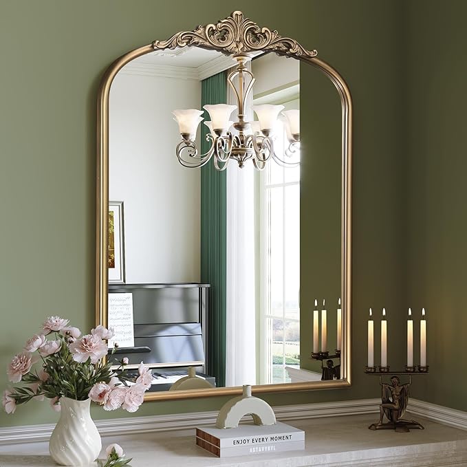 Arched Antique Gold Wall Mirror, 28"x36" Vintage Bathroom Mirror | Ornate Mirror over Sink, Arched Brass Wall Mirror for Fireplace, Living Room, Entryway, Bedroom, Hanging or Leaning