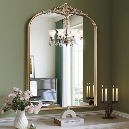 Arched Antique Gold Wall Mirror, 28"x36" Vintage Bathroom Mirror | Ornate Mirror over Sink, Arched Brass Wall Mirror for Fireplace, Living Room, Entryway, Bedroom, Hanging or Leaning