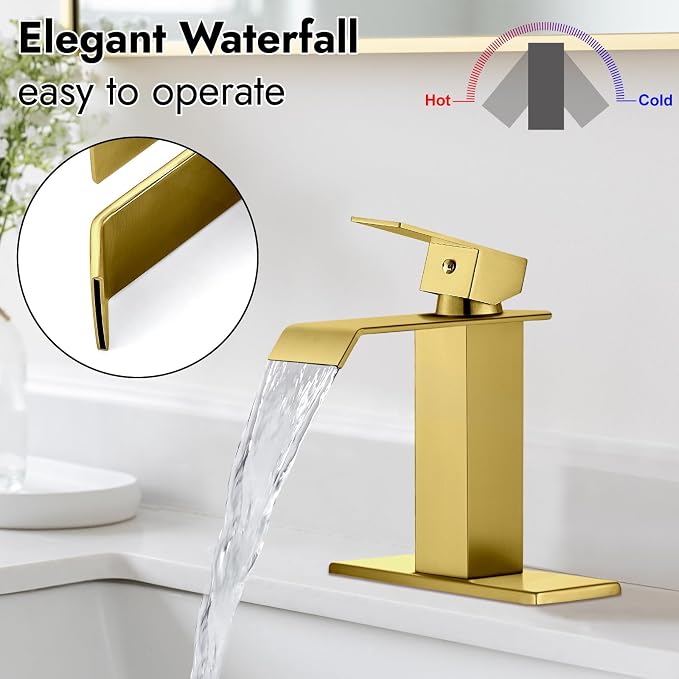 Midanya Waterfall Bathroom Sink Faucet 1 Hole,Gold | with cUPC Hoses,Pop Up Drain,Deck Plate,for 1 or 3 hole sink,Vanity,RV,Lavatory,Basin,Farmhouse,Stainless Steel,Single Handle
