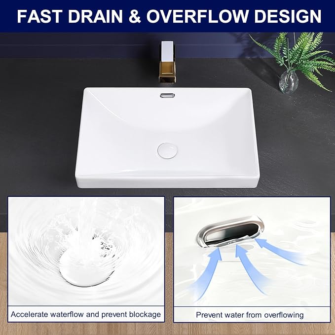 Semi Recessed Bathroom Sink 23"x15" Drop-in Vessel Sink White Porcelain Ceramic Modern Rectangular Sinks Basin Vanity Sinks with Overflow for Bathrooms