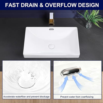 Semi Recessed Bathroom Sink 23"x15" Drop-in Vessel Sink White Porcelain Ceramic Modern Rectangular Sinks Basin Vanity Sinks with Overflow for Bathrooms