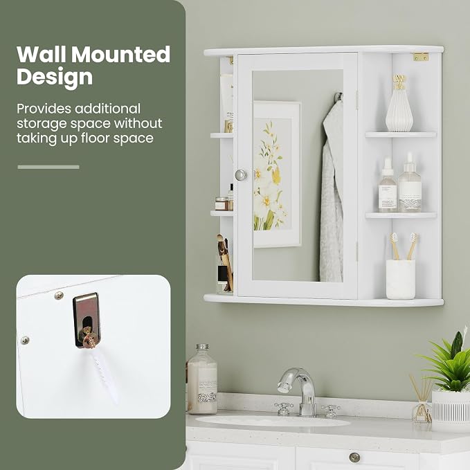 GIANTEX Bathroom Medicine Cabinet (White) | Wall Mounted Medicine Cabinet with Mirrored Door & 4 Interior Shelves, 6 Open Shelves, Space-saving Storage Cabinet