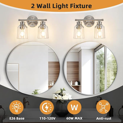 Bathroom Light Fixtures Over Mirror, 2 Lights Vanity Lights with Clear Glass Shade, 12.1" Brushed Nickel Farmhouse Bathroom Wall Light Fixtures for Bedroom, Hotel, Mirror Cabinet