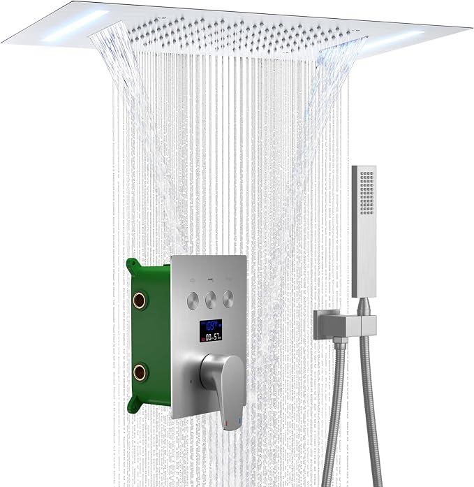 Temperature Display Shower System Brushed Nickel Shower Faucet Set with 14X20 inch Ceiling Shower(Rainfall & Waterfall Modes), with Handheld Spray