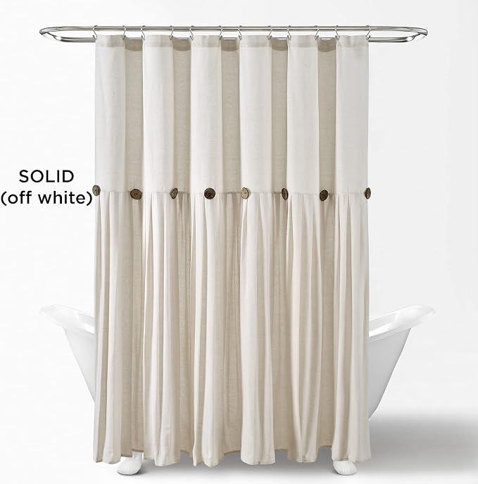 Lush Decor Linen Button Shower Curtain, 72" W x 78" L, Off White - Extra Long Shower Curtains - White Shower Curtain Fabric - Farmhouse Bathroom Decor