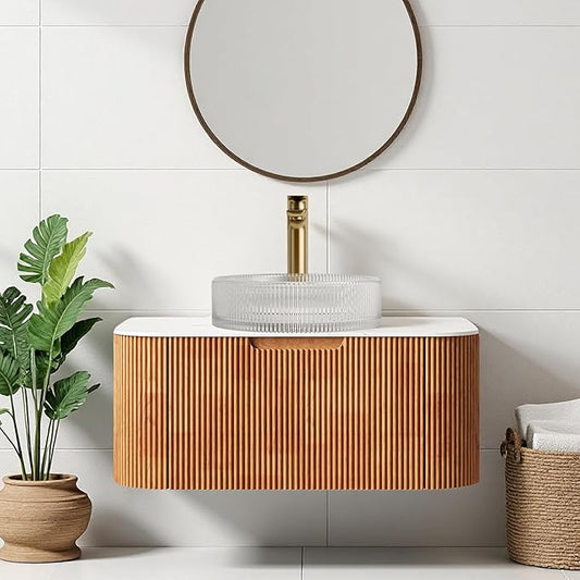 30" Floating Bathroom Vanity with Sink, Modern Bathroom Cabinet with Round Crystal Glass Basin and Ultra-Thin Marble Top, Extra Large Storage Drawer, Soft-Close Design, Nature Wood