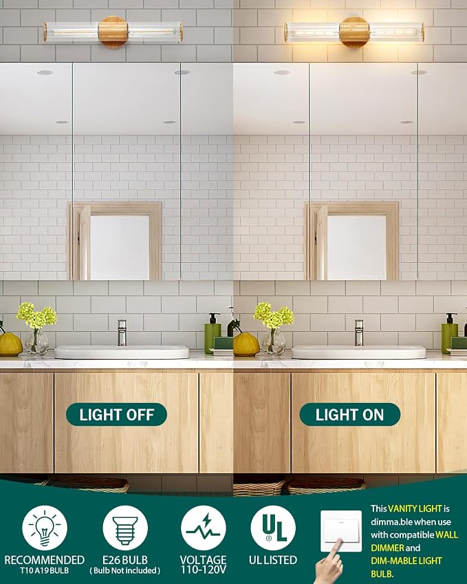 Bathroom Vanity Lighting Fixture, 2-Light Wood Grain Wall Sconce Light Fixture with Clear Glass, E26 Socket Indoor Wall Lamp, Modern Wall Sconce for Mirror Living Room, 2 Pack