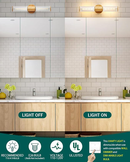 Bathroom Vanity Lighting Fixture, 2-Light Wood Grain Wall Sconce Light Fixture with Clear Glass, E26 Socket Indoor Wall Lamp, Modern Wall Sconce for Mirror Living Room, 2 Pack