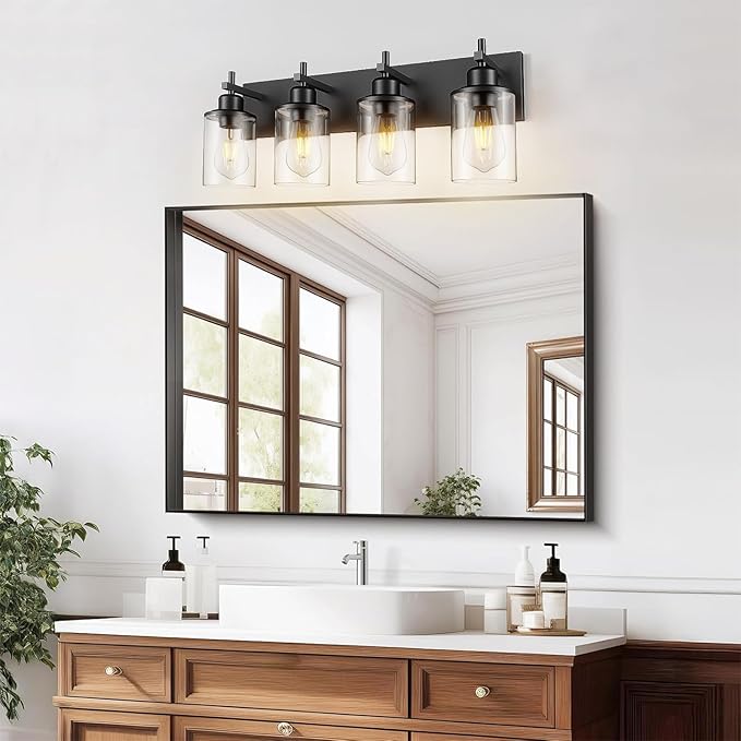 4-Light Black Bathroom Light Fixture Over Mirror Modern Farmhouse Bathroom Vanity Light Vintage Wall Lighting with Clear Glass Shade for Bathroom, Bedroom, Hallway, Cabinet