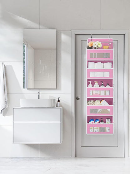 JARLINK Over the Door Organizer for Bedroom, Pantry, Bathroom, 5 Shelf Pink | Anti-Tilt Design, 44 lb Load Capacity, Hanging Door Organizer with 5 Large Capacity Pockets, Behind Door Storage for Nursery