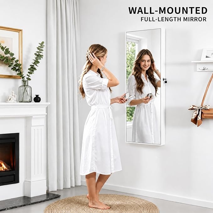 Lockable Jewelry Cabinet Organizer with Full Length Mirror, 6 Auto LED Lights, Wall & Over Door Mount Jewelry Armoire with Earring Slots, Necklace Hooks, Foldable Makeup Shelf