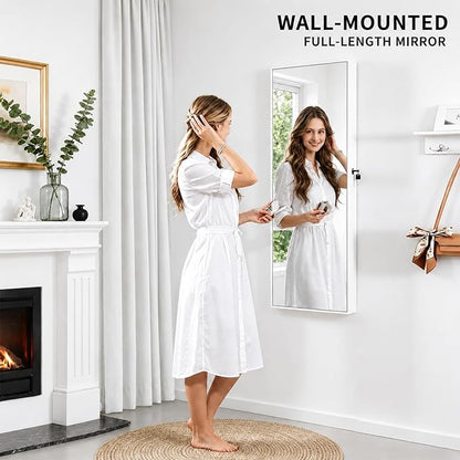Lockable Jewelry Cabinet Organizer with Full Length Mirror, 6 Auto LED Lights, Wall & Over Door Mount Jewelry Armoire with Earring Slots, Necklace Hooks, Foldable Makeup Shelf