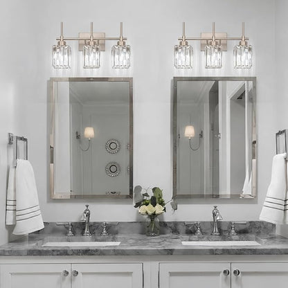 Torondo Modern Crystal Bathroom Vanity Light 3-Light Brushed Nickel Bathroom Light Fixtures Over Mirror Vanity Lighting Fixtures Square Shade Wall Sconce (Bulbs Not Include)