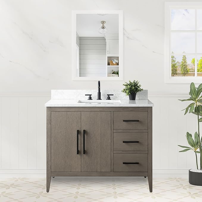 HomeBeyond 42 Inch Bathroom Vanity with Sink & Ceramic Top, Single Vanity Cabinet with Basin, Soft-Closing Door & Matts Black Hardware, Driftwood Gray