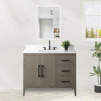 HomeBeyond 42 Inch Bathroom Vanity with Sink & Ceramic Top, Single Vanity Cabinet with Basin, Soft-Closing Door & Matts Black Hardware, Driftwood Gray
