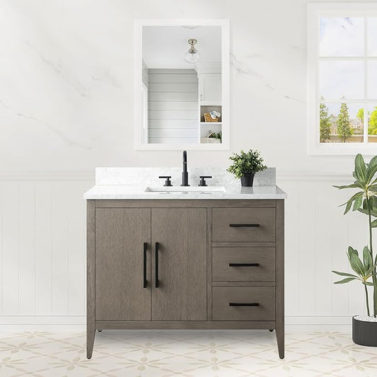 HomeBeyond 42 Inch Bathroom Vanity with Sink & Ceramic Top, Single Vanity Cabinet with Basin, Soft-Closing Door & Matts Black Hardware, Driftwood Gray