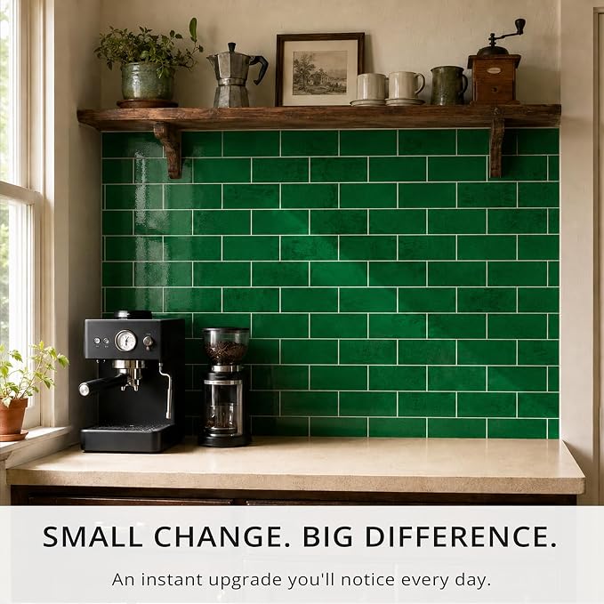 StyloVue 100 Pieces Peel and Stick Backsplash for Kitchen, 3" x 6" PVC Subway Tile, 2026 Upgraded Emerald Green Stone, Stick on Wall Tile for Kitchen, Bathroom, Fireplace, RV