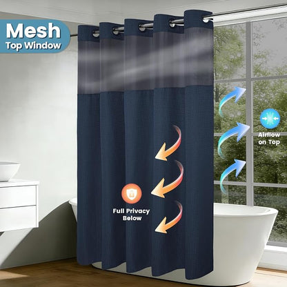 EUTXL Heavyweight Navy Blue Stall No Hook Shower Curtain with Snap in Liner,256GSM Waffle Weave Shower Curtains for Bathroom,54W x 80H