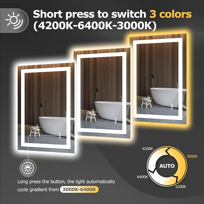 Hivone 24X36 LED Bathroom Mirror with Lights, Anti-Fog, Dimmable, Backlit + Front Lit, Smart Bathroom Vanity Mirror, Memory Function, Shatterproof, Tempered Glass (Horizontal/Vertical)