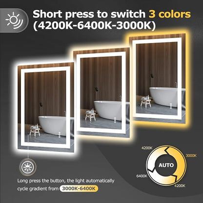 Hivone 24X36 LED Bathroom Mirror with Lights, Anti-Fog, Dimmable, Backlit + Front Lit, Smart Bathroom Vanity Mirror, Memory Function, Shatterproof, Tempered Glass (Horizontal/Vertical)