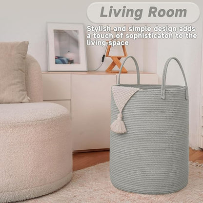 JMvicyroam 100L Cotton Rope Laundry Basket Hamper, Grey | Collapsible laundry basket, reinforced handles, freestanding, machine washable, holds 3-5 thick blankets, clothes or toys