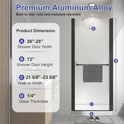 26"-28" W x 72" H Frameless Pivot Frosted Shower Door Matte Black | 1/4"(6mm) SGCC Tempered Glass with Explosion-Proof Film &Nano Coating,Customizable Width