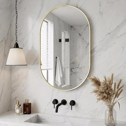 30"x36" Brushed Gold Oval Bathroom Mirror for Over Sink, Vanity Mirror | Aluminum Alloy Frame, Clear Reflection, Rust-Resistant, Vertical or Horizontal, Wall Mount, Bedroom and Entryway