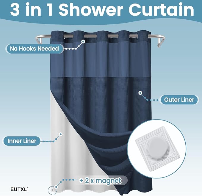 Heavyweight Waffle No Hook Shower Curtain with Liner, Navy Blue, 71x74 | Snap in Liner, 256GSM, Thick, Hotel Luxury Spa, Waterproof Fabric, Corner Magnets, 3 in 1 Set, Washable, Hang in Seconds