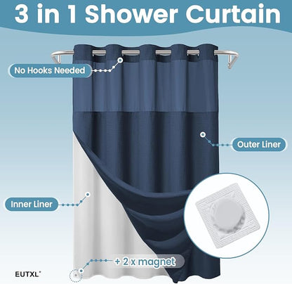 Heavyweight Waffle No Hook Shower Curtain with Liner, Navy Blue, 71x74 | Snap in Liner, 256GSM, Thick, Hotel Luxury Spa, Waterproof Fabric, Corner Magnets, 3 in 1 Set, Washable, Hang in Seconds