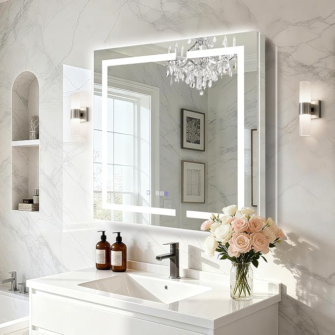 36"x36" Smart LED Medicine Cabinet with Mirror - Double Door Bathroom Storage, Anti-Fog, 3-Color Stepless Dimming, 5X Magnifier, Night Light, Soft-Close Hinges