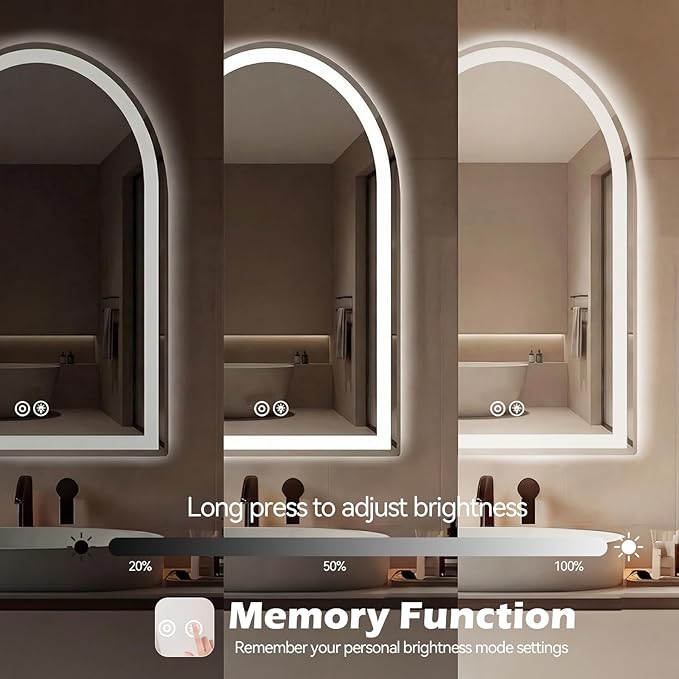 DUMOS 24"×36" LED Bathroom Mirror with Lights, Arched Vanity Mirror with Anti-Fog, Dimmable, 3-Color Light, Memory Function, Tempered Glass