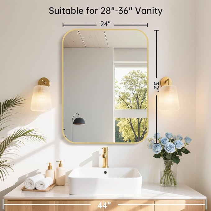 24x32 Inch Gold Bathroom Mirror, Brushed Brass Gold Metal Framed Rectangular Mirror with Rounded Corner, Bathroom Vanity Mirror for Bedroom or Living Room, Horizontal/Vertical