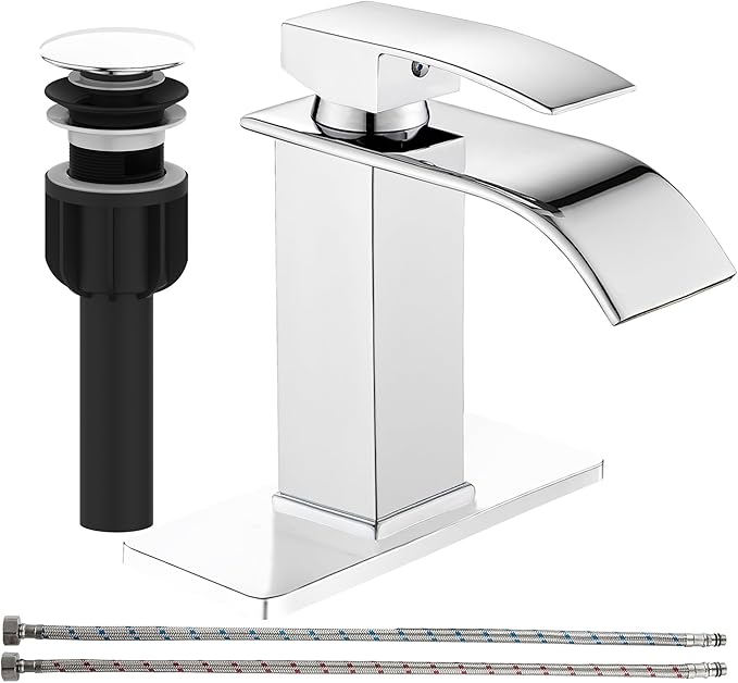 sagetta Waterfall Bathroom Sink Faucet Single Hole Faucet with Three Hole Cover Deck Plate, Pop up Drain and Water Hoses Stainless Steel Vanity Faucet, Chrome