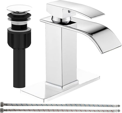 sagetta Waterfall Bathroom Sink Faucet Single Hole Faucet with Three Hole Cover Deck Plate, Pop up Drain and Water Hoses Stainless Steel Vanity Faucet, Chrome