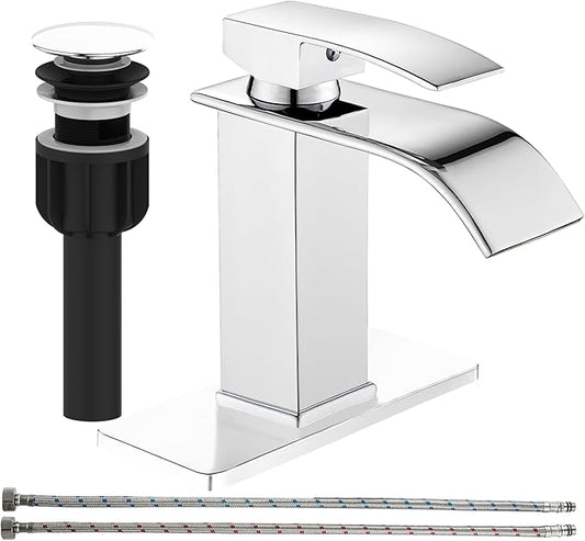 sagetta Waterfall Bathroom Sink Faucet Single Hole Faucet with Three Hole Cover Deck Plate, Pop up Drain and Water Hoses Stainless Steel Vanity Faucet, Chrome