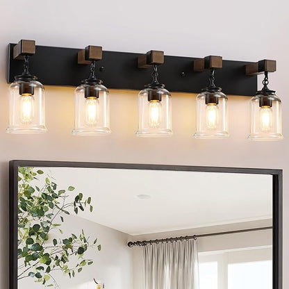 Farmhouse Bathroom Light Fixtures, 5 Light Black Vanity Light, Industrial Style with Clear Glass Shades, Wood Bathroom Lighting Fixtures Over Mirror for Bedroom, Living Room