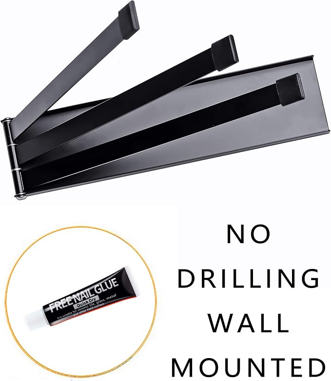 Swing Towel Holder Rack Matte Black | Wall Mounted Towel Bar, Swivel with 3-Arm for Bathroom Kitchen Storage