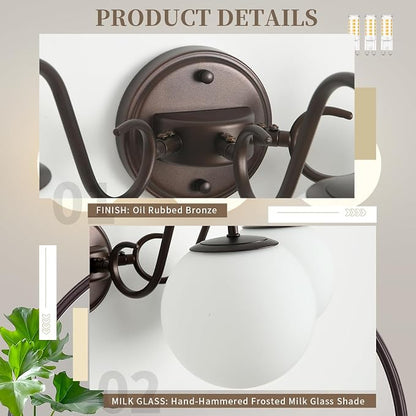 3 Lights Vintage Bathroom Vanity Light Fixtures Over Mirror, Oil Rubbed Bronze Vanity Lights For Bathroom With Milk Glass Globe Shade, Wall Lights For Bedroom, Hallway, Dressing Table(G9 Incl.)