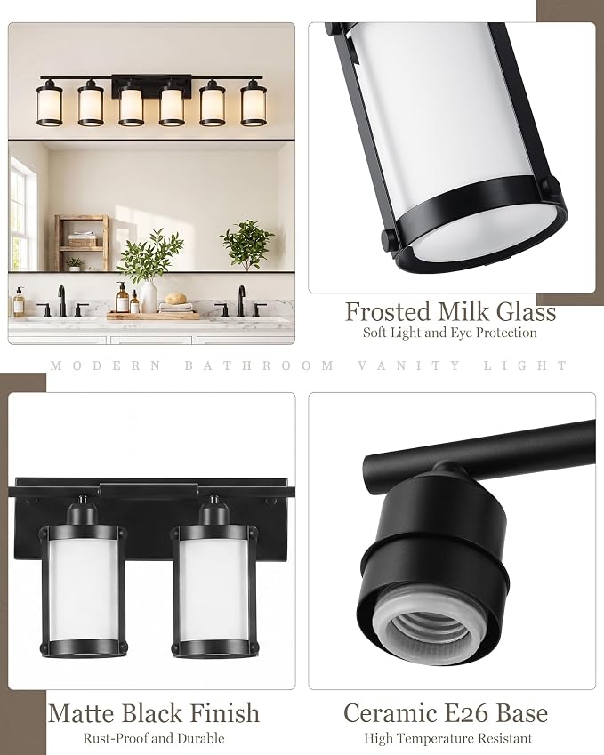 6-Light Matte Black Bathroom Light Fixtures Over Mirror with Frosted Milk Glass and Metal Cage Shade, 42" UL-Listed Modern Farmhouse Wall Sconce for Bath, Hardwire E26, OS-3014BKW-6W
