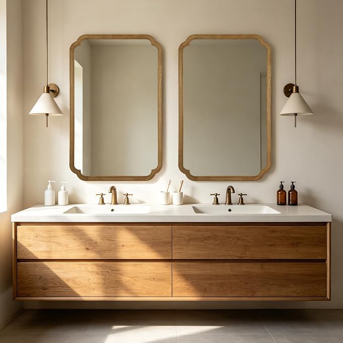 30" x 48" Wood Bathroom Mirror for Wall Mounted, Rustic Rounded Corner Vanity Mirror for Entryway, Living Room or Bedroom Home Decorative [30" x 48" Natural Color]