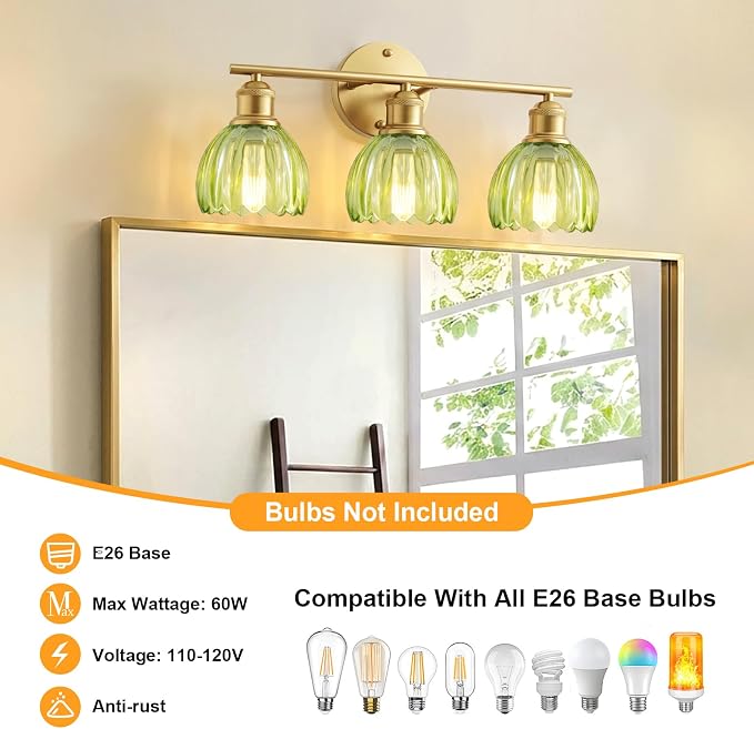Bathroom Light Fixtures, 3-Light Brushed Gold Vanity Lights for Bathroom with Green Tulip Glass Shade, 20" Vintage Bathroom Vanity Lighting Fixtures Over Mirror for Bedroom Living Room Hallway