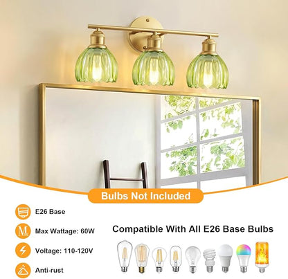 Bathroom Light Fixtures, 3-Light Brushed Gold Vanity Lights for Bathroom with Green Tulip Glass Shade, 20" Vintage Bathroom Vanity Lighting Fixtures Over Mirror for Bedroom Living Room Hallway